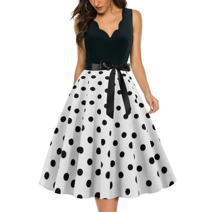 maoxiangshop Womens Retro Summer Dresses Robe Vintage Pinup 1950s 60s Rockabilly Sexy V-Neck Polka Dot Print Party Dress Vestido S-3XL