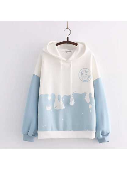 Winter Fleece Women Hoodies Cartoon Print Kawaii Cute Hoody Sweatshirts Japan Style Sweet Ladies Drawstring Pullover Tops