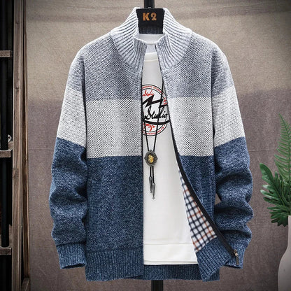 maoxiangshop Winter Men Sweater Add Velvet Cardigan Patchwork Color Stand Collar Male Casual Zipper Knitted Thick Warm Sweatercoat