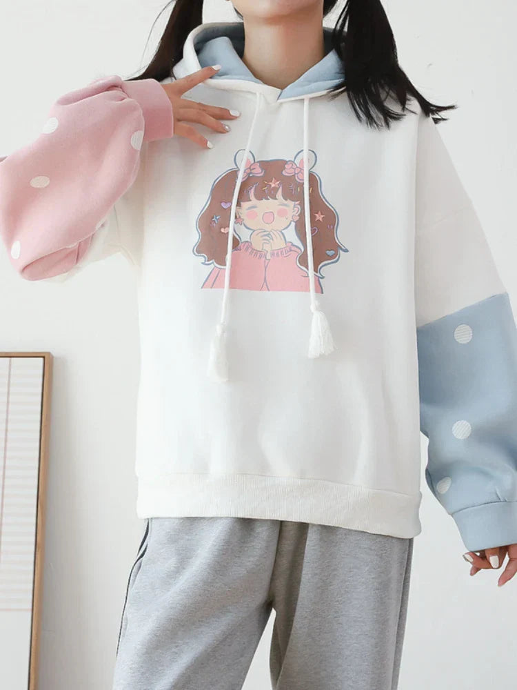 maoxiangshop Sweet Style Kawaii Print Graphic Fleece Women Hoodies Winter Harajuku Cute Drawstring Hoody Sweatshirt Female Pullover Top