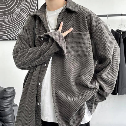 maoxiangshop New Korean Style Shirt Plus Size 5Xl-M Corduroy Shirts Men Harajuku Pineapple Cubes Mens Shirt Long Sleeve Streetwear Fashions