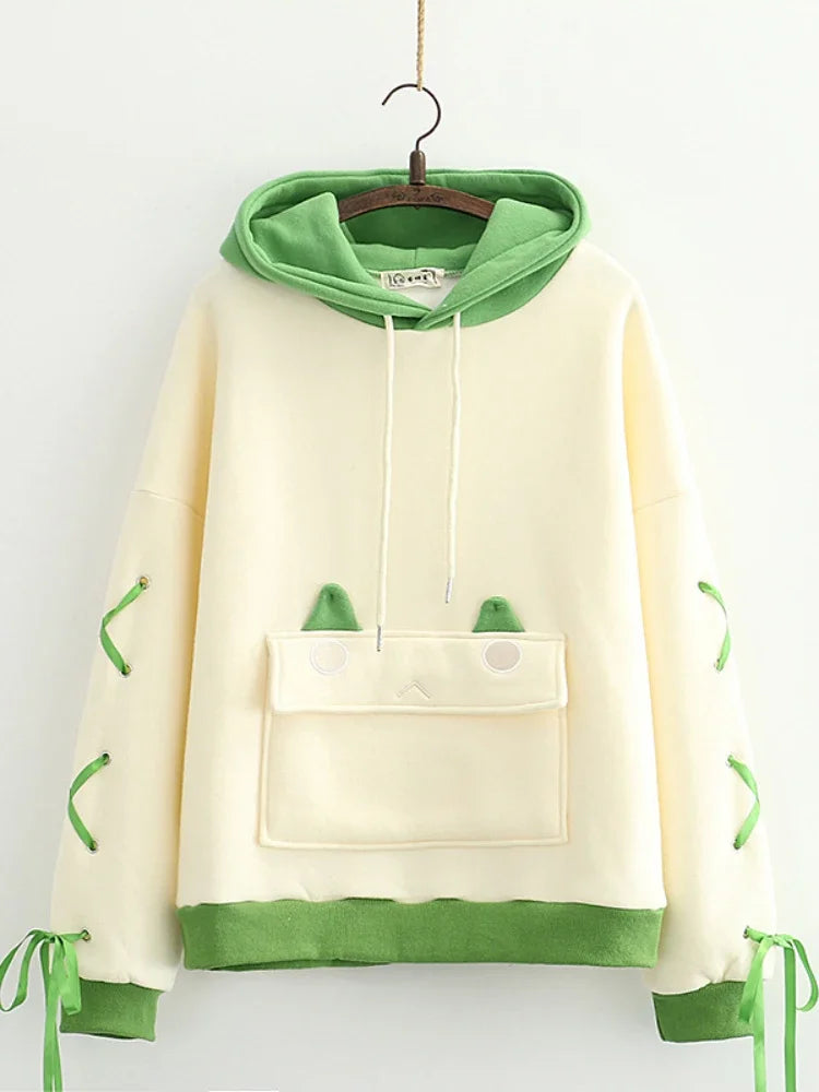 maoxiangshop Harajuku Kawaii Hoodies Cartoon Dinosaur Print Casual Women Winter Warm Fleece Hooded Cotton Sweatshirt Teen Girls Cute Top