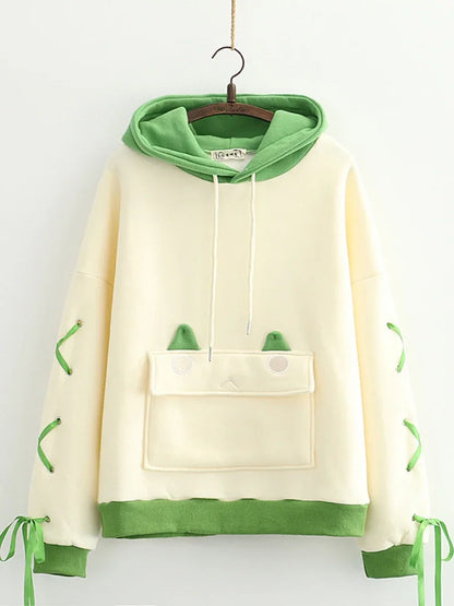 maoxiangshop Harajuku Kawaii Hoodies Cartoon Dinosaur Print Casual Women Winter Warm Fleece Hooded Cotton Sweatshirt Teen Girls Cute Top