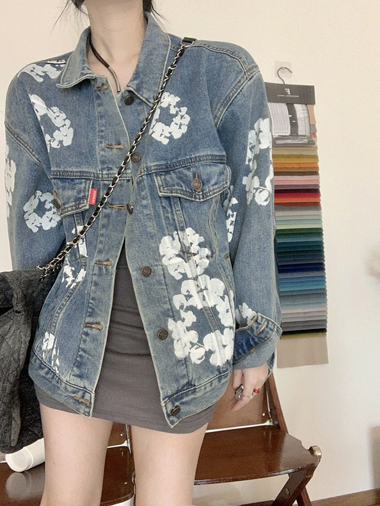 Printed Mid-length Denim Jacket Loose  Long Sleeve Coat Retro Button-up Top Women's Jacket Autumn Casual Clothes Outerwear