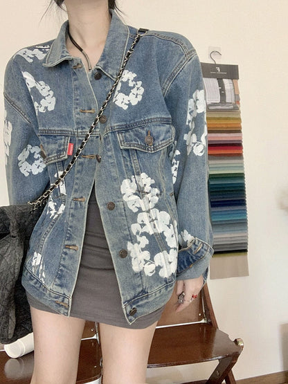 Printed Mid-length Denim Jacket Loose  Long Sleeve Coat Retro Button-up Top Women's Jacket Autumn Casual Clothes Outerwear