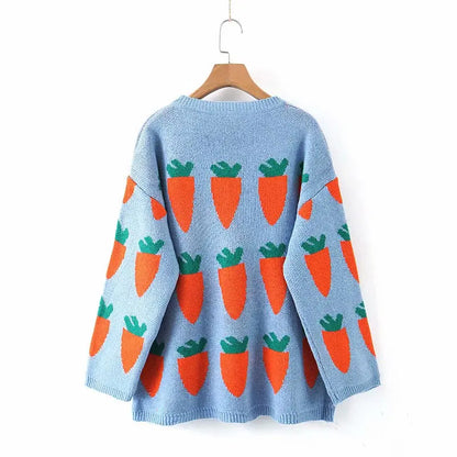 maoxiangshop Women's Carrot Sweater Cozy Knit Cute Cartoon Crew Neck Long Sleeve Oversized Pullover Jumper Fall Winter