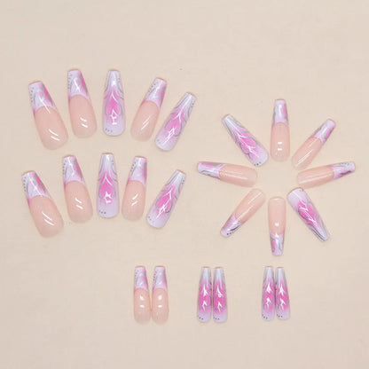 maoxiangshop 24Pcs Long Ballet False Nails Long French Fake Nails with Heart Designs Wearable Coffin Press on Nails Full Cover Nail Tips
