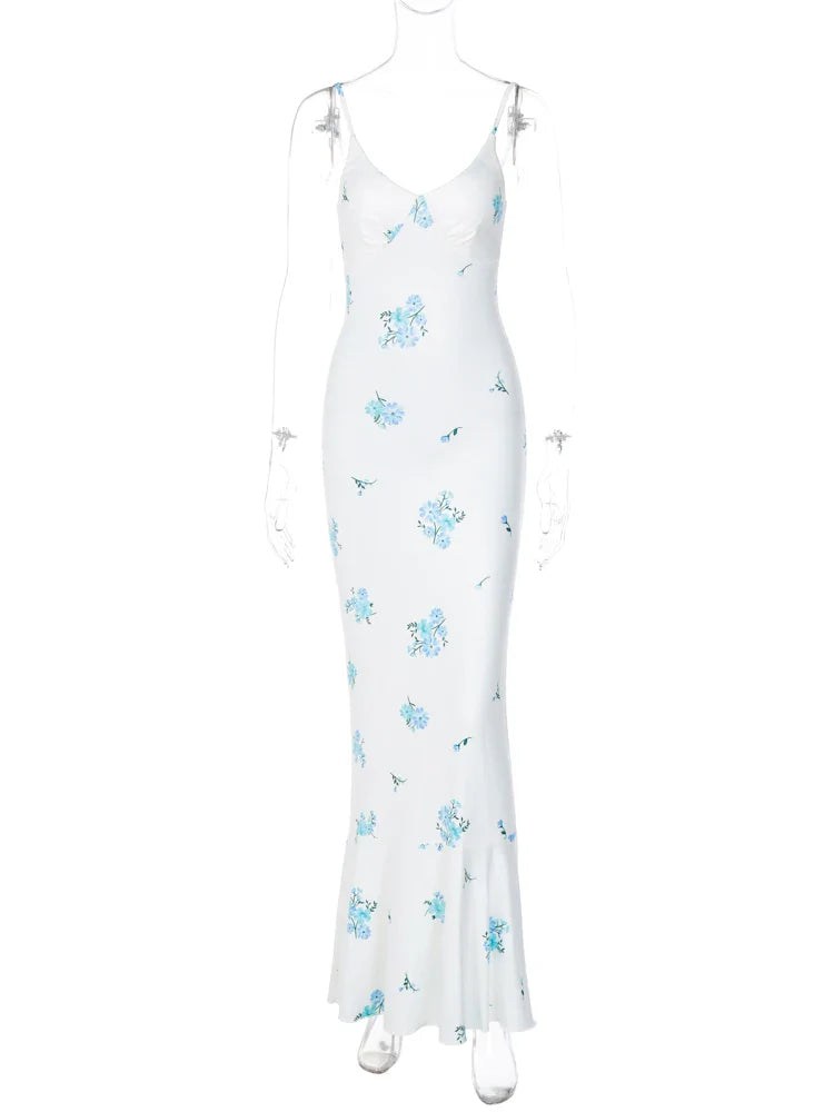 Women Elegant Floral Print Slip Sleeveless Backless Slim Sexy Maxi Prom Dress Summer Clothes Y2K Party Vacation