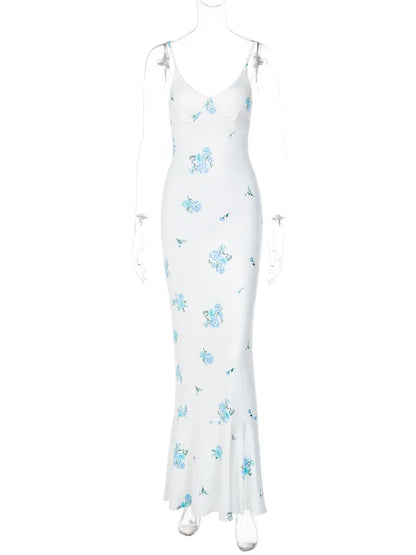 Women Elegant Floral Print Slip Sleeveless Backless Slim Sexy Maxi Prom Dress Summer Clothes Y2K Party Vacation