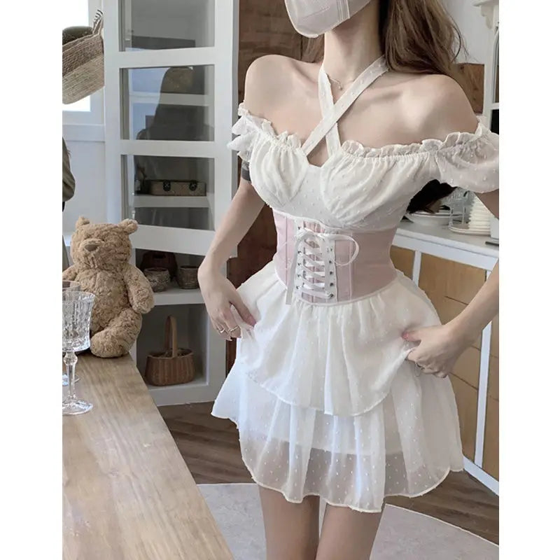 Summer New Hot Sweetheart Waist Shrinking Slim Dress Gentle White Dress Pink Waist Two Piece Set