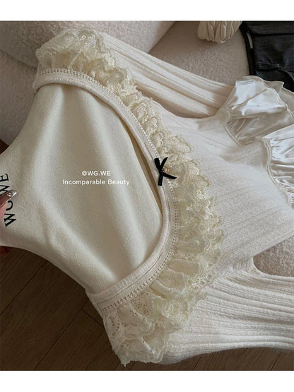 Women Mori Girl Lace Patchwork Long Sleeve Crop Top Ruffle Design T-Shirts French Vintage Coquette Girl Design Gyaru Knit Tees