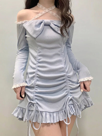 Korean Style Party Mini Dresses Women Japanese Off Shoulder Sexy Kawaii Dress Female Long Sleeve Lace Kawaii Lolita Dress Autumn