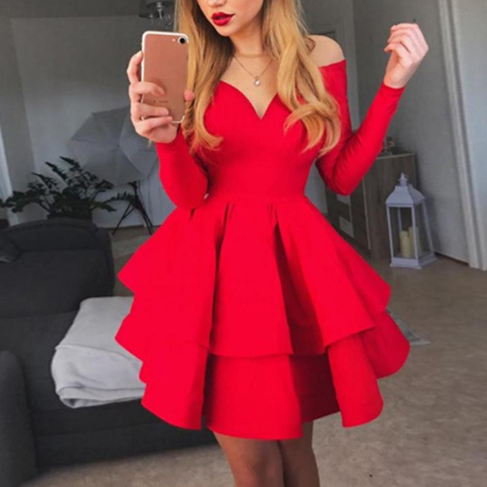 maoxiangshop Elegant Women Long Sleeve V Neck Off Shoulder Large Swing Ruffled Hem Mini Dress