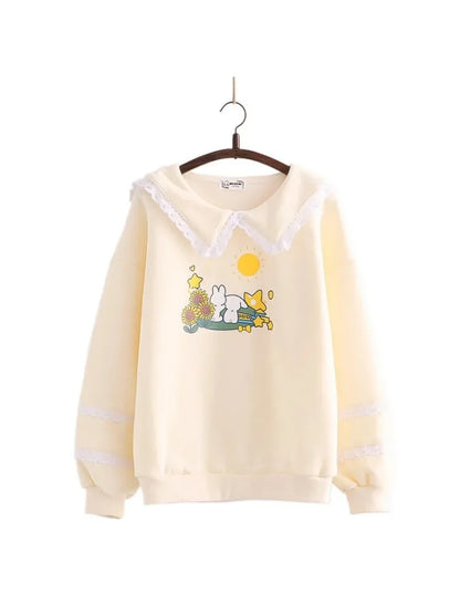 Sweet Style Kawaii Cute Women Sweatshirts Cartoon Rabbit Print Lace Patchwork Pullovers Winter Ladies Cotton Sudadera Tops