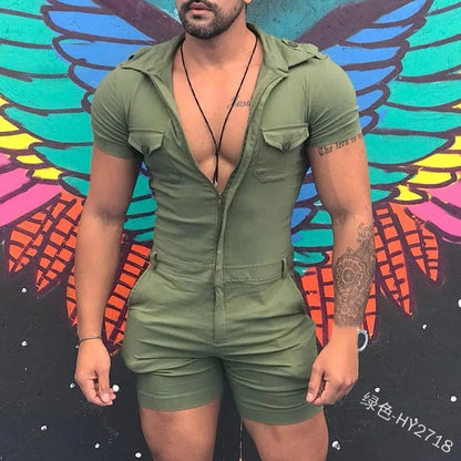 maoxiangshop Fashion Jumpsuits for Men  Summer Clothing Solid Color Short Sleeve Overalls Casual Street Wear Work Male Cargo Y2K Clothes