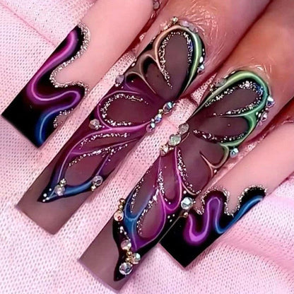 24Pcs Long Ballerina French False Nails Snake Rhinestones Design Fake Nails Wearable Coffin Press on Nails Full Cover Nail Tips