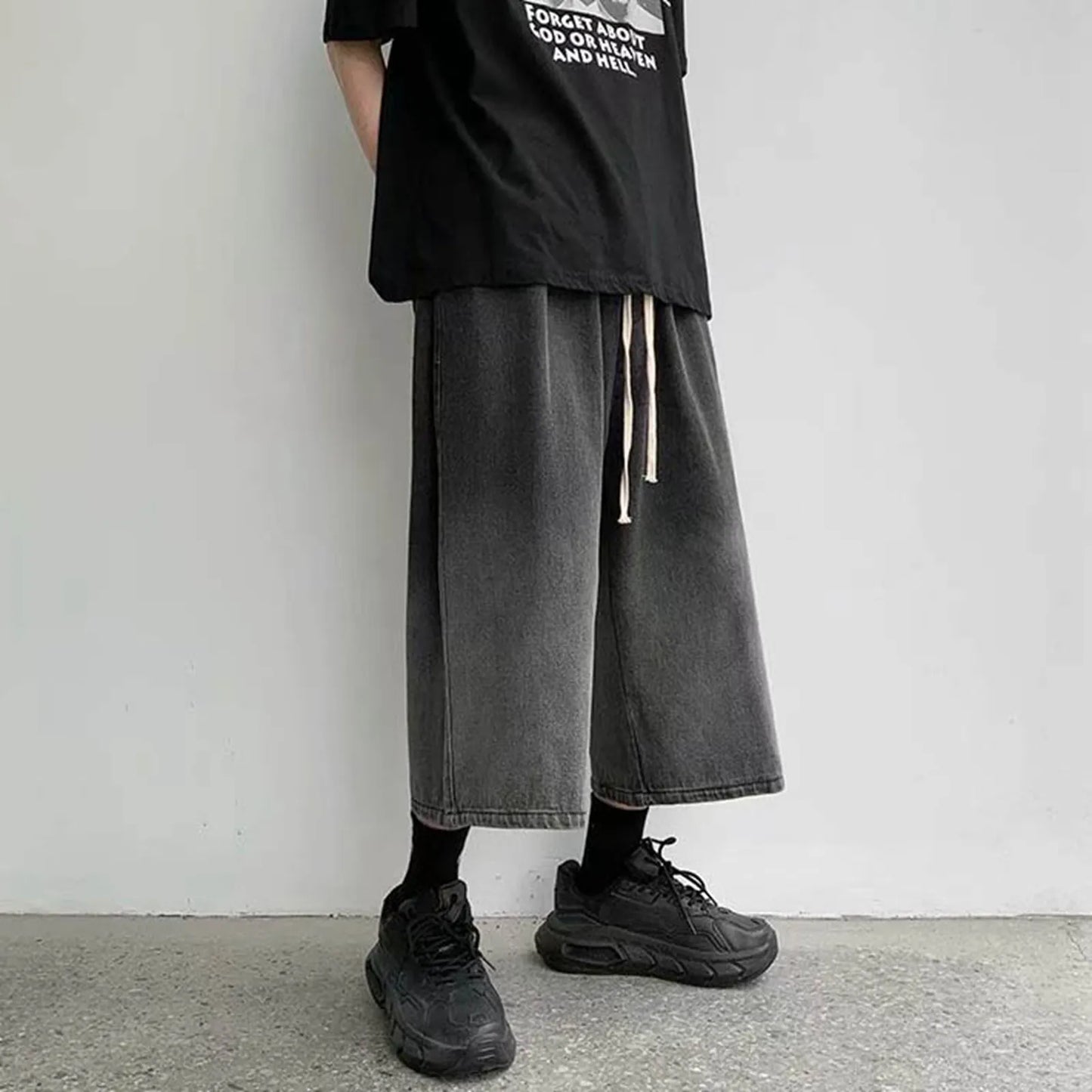 maoxiangshop 2024 New Summer Men's Denim Shorts Casual Summer Shorts Elastic Waist Wide Leg Shorts Drawstring Baggy Jeans Shorts Male Summer