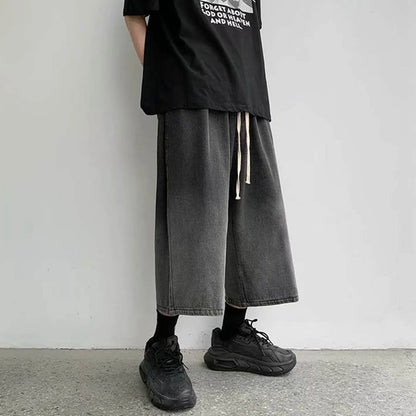 maoxiangshop 2024 New Summer Men's Denim Shorts Casual Summer Shorts Elastic Waist Wide Leg Shorts Drawstring Baggy Jeans Shorts Male Summer