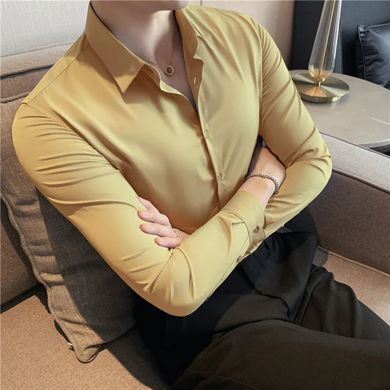 maoxiangshop Mens Shirts Autumn New Long Sleeve Stripe Dress Shirt Solid Casual Formal Wear Slim Fit Chemise Homme Camisas Men Clothing