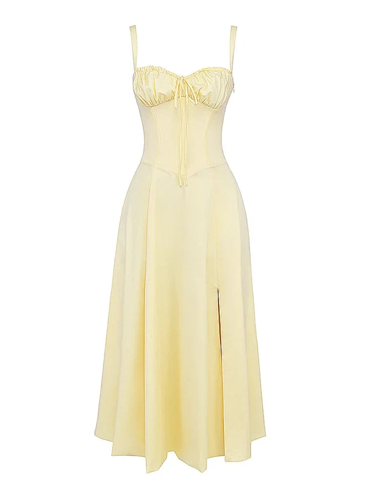 Chu Sau beauty 2024 Women Fashion Sweet Bow Tie French Midi Dress Cute Square Collar Sexy Slim Backless Split Straped Dresses