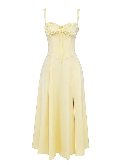 Chu Sau beauty 2024 Women Fashion Sweet Bow Tie French Midi Dress Cute Square Collar Sexy Slim Backless Split Straped Dresses