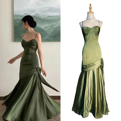 Elegant Emerald Green Irregular Patchwork Evening Party Dress High Waist Spaghetti Strap Pleated Hem Prom Gown For Women