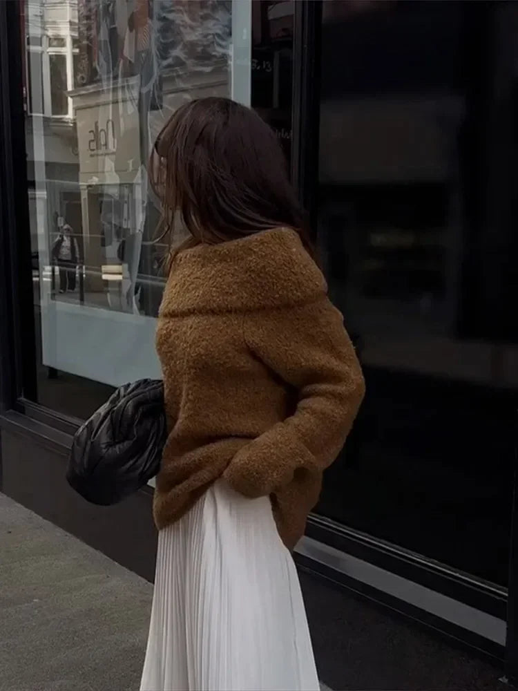 maoxiangshop  -  Women Chic Solid Off Shoulder Loose Knitted Pullover Fashion Long Sleeve Warm Sweater 2024 Autumn Lady New Casual Knitwear Top