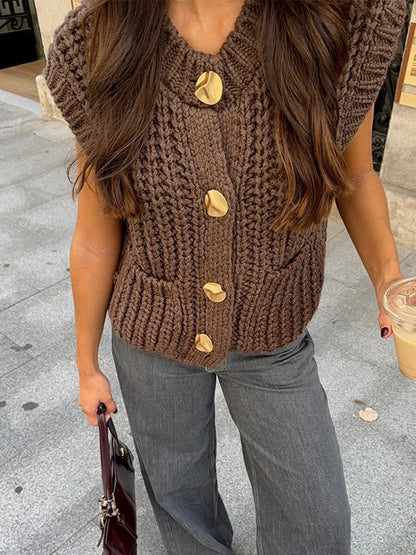maoxiangshop  -  Vintage Knit Waistcoat Women Solid Round Neck Single Breasted Sleeveless Pocket Sweater Vests 2024 Autumn Winter Casual Lady Top