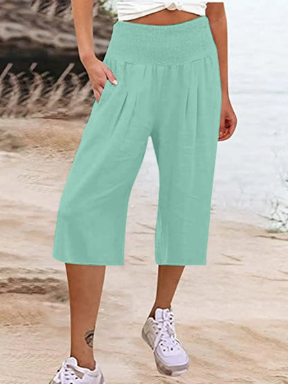 maoxiangshop Summer AliExpress European and American Women's Cross border Cotton and Hemp Split Waist Wrap Pocket Thin Wide Leg Pants fo