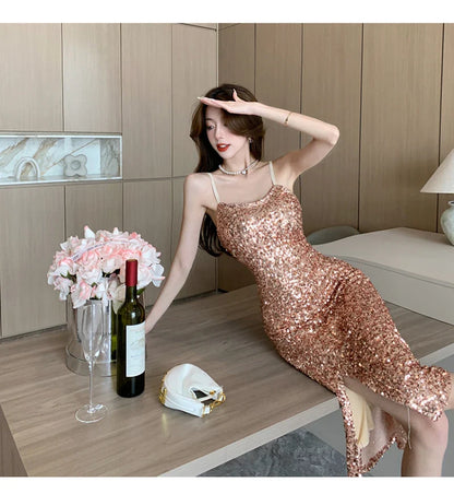 maoxiangshop Korean Sequins Midi Dresses for Women Summer Elegant Party Sexy Sleeveless Slim Prom Female Clothes Wedding Evening Dress