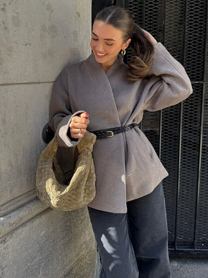 maoxiangshop  -  Winter Fashion Grey Khaki V Neck Full Sleeves Women Coat Elegant Solid Color Casual Loose Jacket Woman Autumn Commuter Outerwear