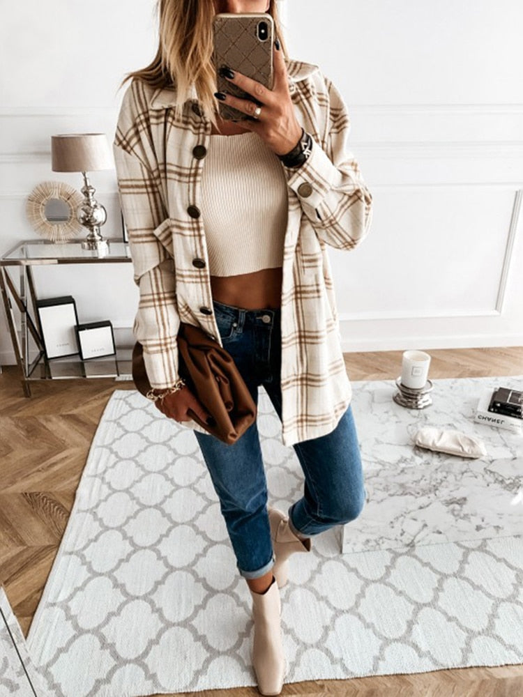 Autumn Spring Vintag Plaid Shirt Women Casual White Long Sleeve Pocket Collared Shirts Top Clothes Fashion New Fall