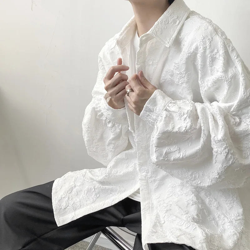 maoxiangshop Shirts Men Floral Japanese Style Fashion Loose Pleated Long Sleeve Vibe All-match High Street Youthful Cool Designed Vintage