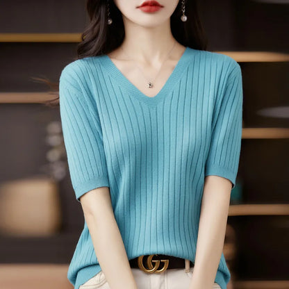 Women Sweater Short Sleeve V-neck Stripe Knitwears Slim Fit Shirt Korean Fashion Pullovers Thin Knit Tops 2023 Bottoming Shirts