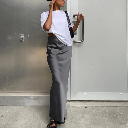 maoxiangshop  -  Autumn Lady Black Skirts Elegant Women Imitation Acetate Satin Black Skirt Women Commuter Satin Dape Fishtail Long Skirts