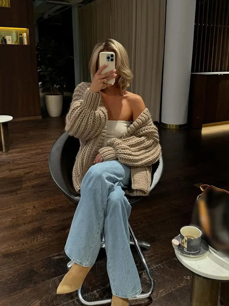 maoxiangshop  -  Women Chic V Neck Coarse Yarn Knit Cardigan Open Front Mid Long Hollow Out Sweater 2024 New Winter Lady Thick Loose Fit Knitwear