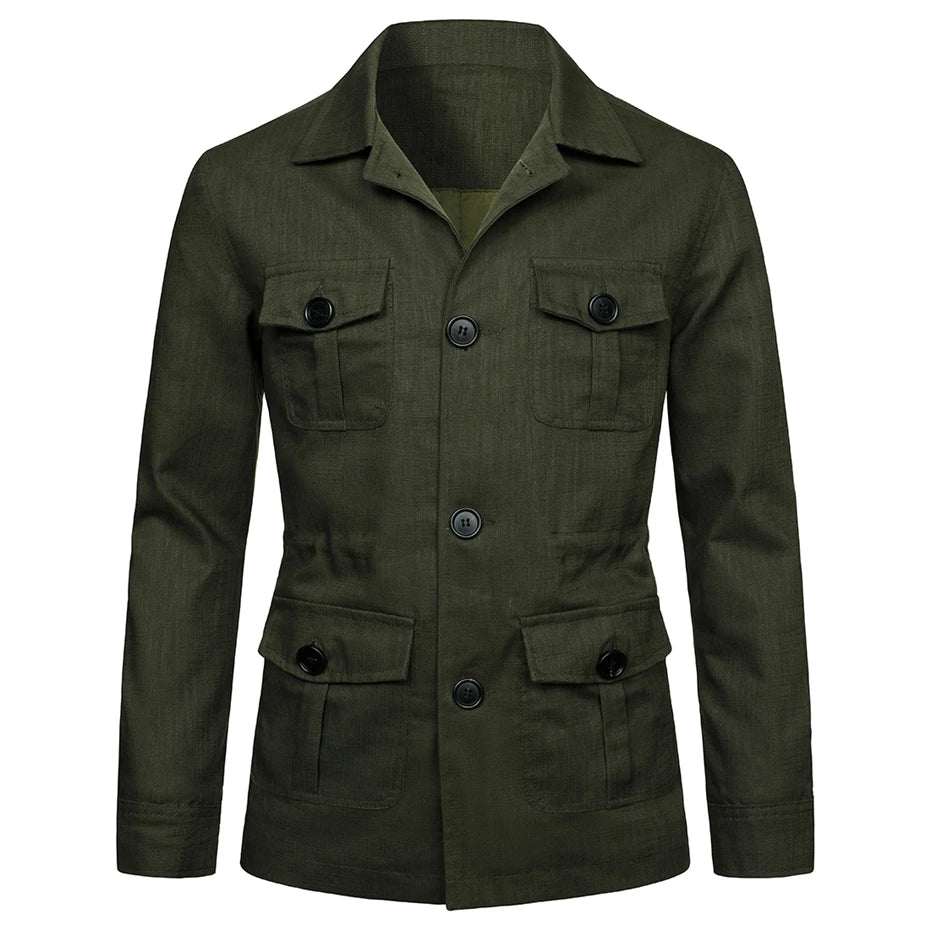 maoxiangshop New Spring Linen Jacket Men Multiple Pockets Cargo Jacket Male Fashion Casual Button Coat Plus Size 5XL