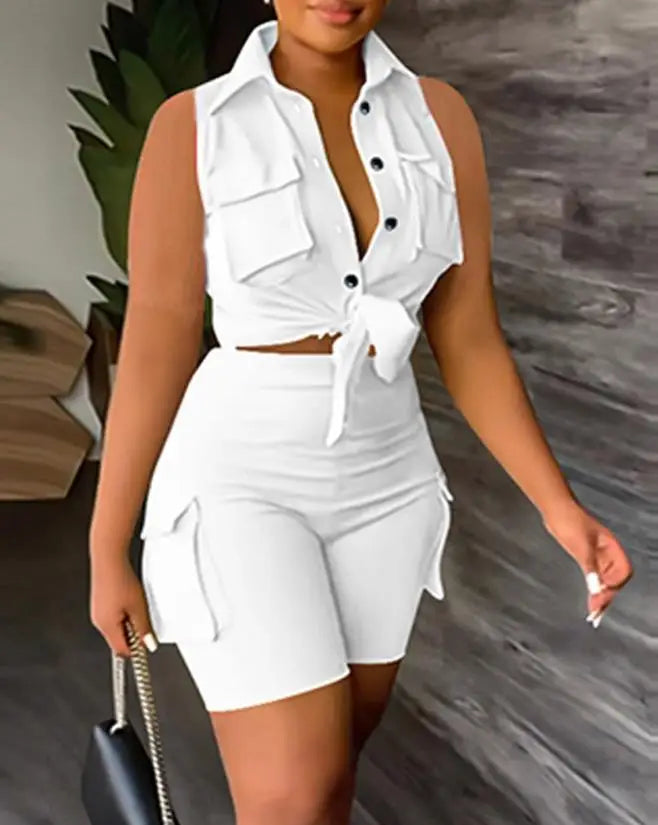 maoxiangshop Sexy Womens Two Piece Sets Outfit Buttoned Pocket Design Sleeveless Top & High Waist Shorts Set New Fashion Summer Casual