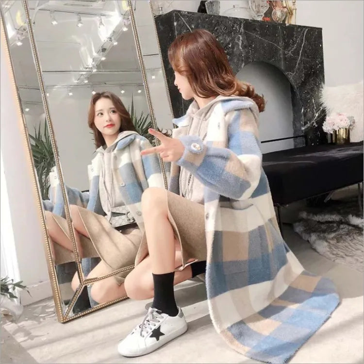 maoxiangshop popular plaid coat winter women's new Korean version imitation mink coat medium long lapel woolen coat