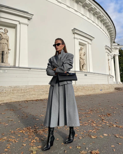 maoxiangshop  -  2024 Autumn New Grey Pleated Skirt Set For Women Solid Lapel Collar Blazers High Waist Skirts 2 Pieces Set Lady Party Club Suit