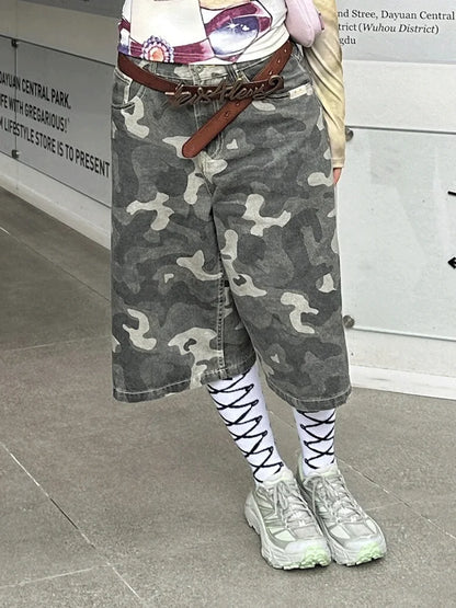 Womens Short Summer Camouflage High Waist Jeans Y2K Straight Calf-Length Pants Trousers Streetwear Vintage Wide Leg Denim Shorts