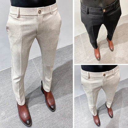 maoxiangshop Men's High Quality Linen Suit Trousers Male Slim Fit Solid Color Business Casual Pants Formal Office Social Trouser Plus Size 38
