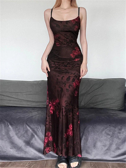 Coffee Printed Camisole Long Dress Party Evening For Women 2024 Spring Sleeveess Split Maxi Dress Backless Vintage Dresses