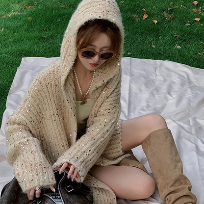 maoxiangshop  -  Sequined Gradient Knitted Hooded Cardigan Women's Sweater Loose Long Sleeve Gentle Wind Sweaters Coat Autumn Winter Warm Jacket