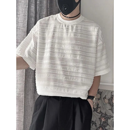 maoxiangshop Striped Mesh T-shirts for Men Beach Short Sleeve Tee Male Summer Translucent Breathable Tops O-neck Casual Streetwear