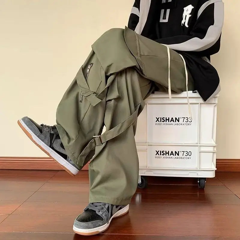 maoxiangshop Green Cargo Pants Men Oversize Zipper Black Cargo Trousers Male Streetwear Hip Hop Pocket Spring Loose Casual Workwear