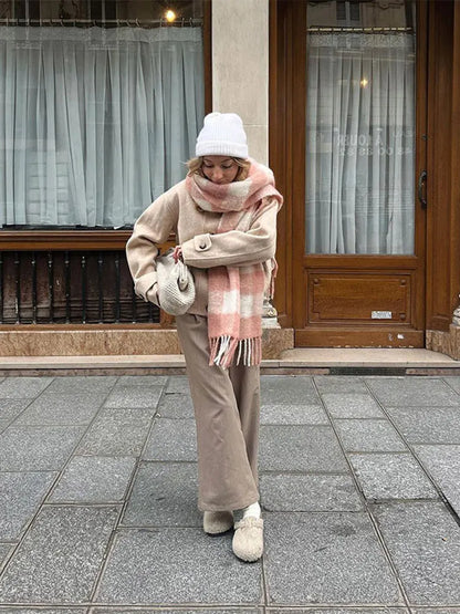 maoxiangshop  -  Fashion Single Breasted Lapel Collar Woolen Coat Women Long Sleeve Short Autumn Winter Jacket 2024 Female Elegant Chic Outerwear