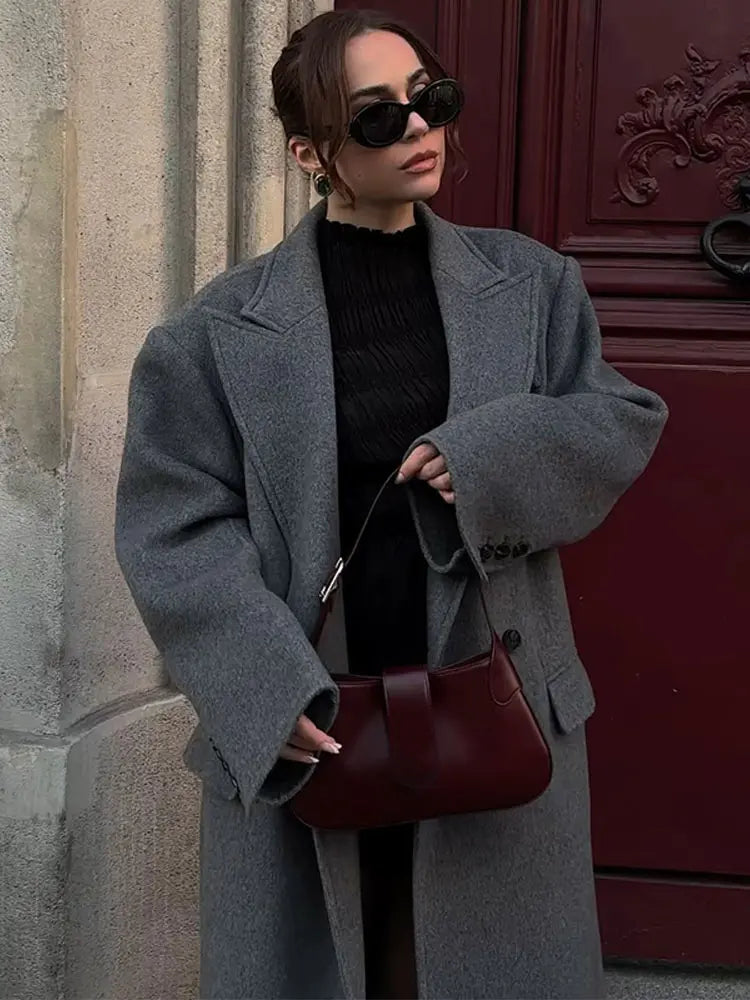 maoxiangshop -  Elegant Lapel Grey Wool Blends Overcoat Women Fashion Loose Long Sleeves Fake Pocket Warm Coat Winter Lady Button Outwear