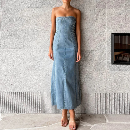 maoxiangshop  -  Side Slit Denim Bodycon Dress For Women Slim Sleeveless Maxi Dresses Women's Street Sexy Streetwear Woman Autumn New