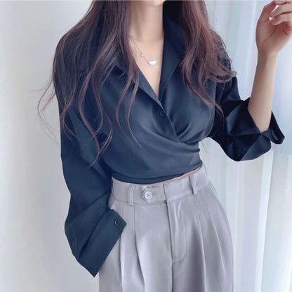 maoxiangshop White Shirts Women Spring Korean Style Temperament Pure Chic Design Tops Lace-up Lapel New Office Lady All-match Popular Daily